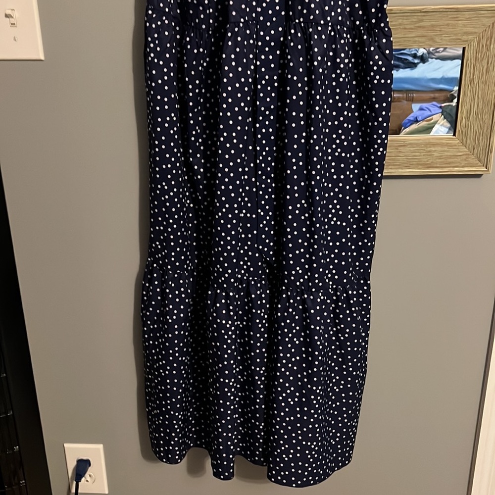 Navy blue belted polka dot ankle length dress. - Picture 2 of 5